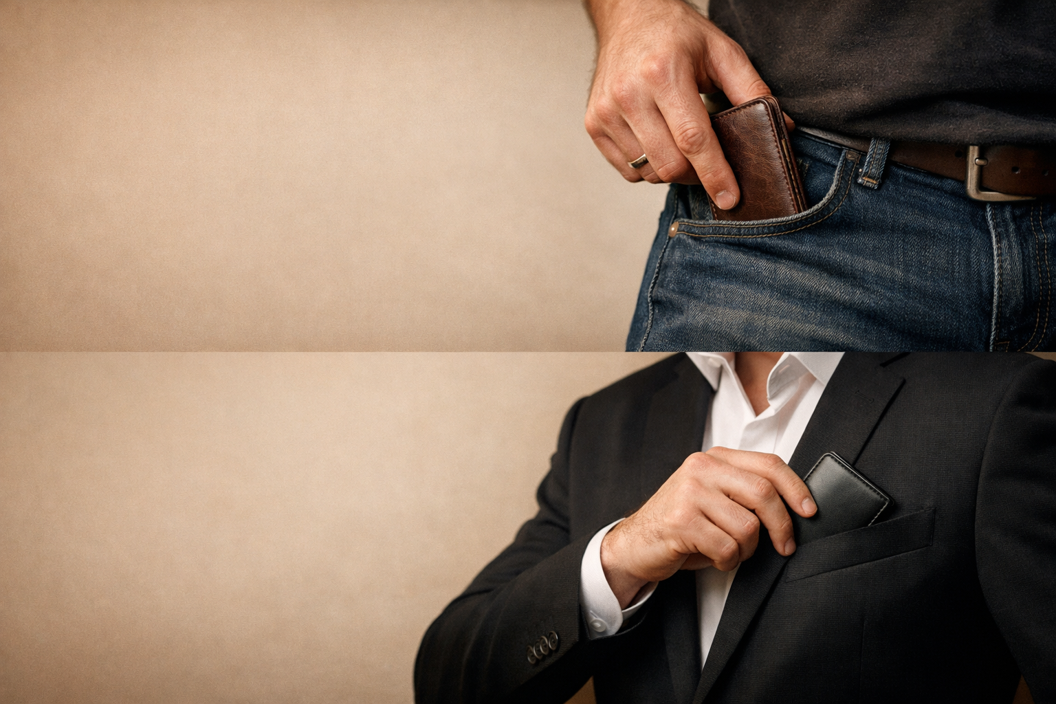 two different shots of wallets - one into jeans pocket - other into suit pocket