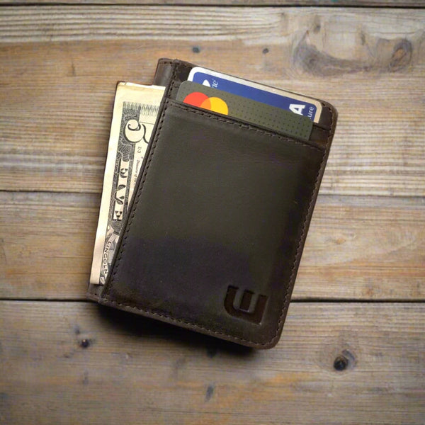 Front Pocket Wallet with RFID in Crazy Horse Leather - Double Espresso "S" Front Pocket Wallet WALLETERAS S Coffee Crazy Horse