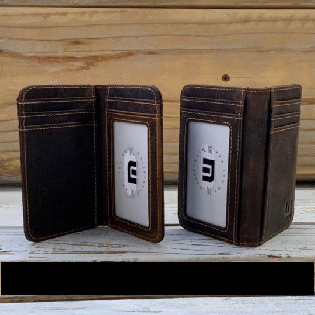 Brown leather wallet with interior and exterior window on a table