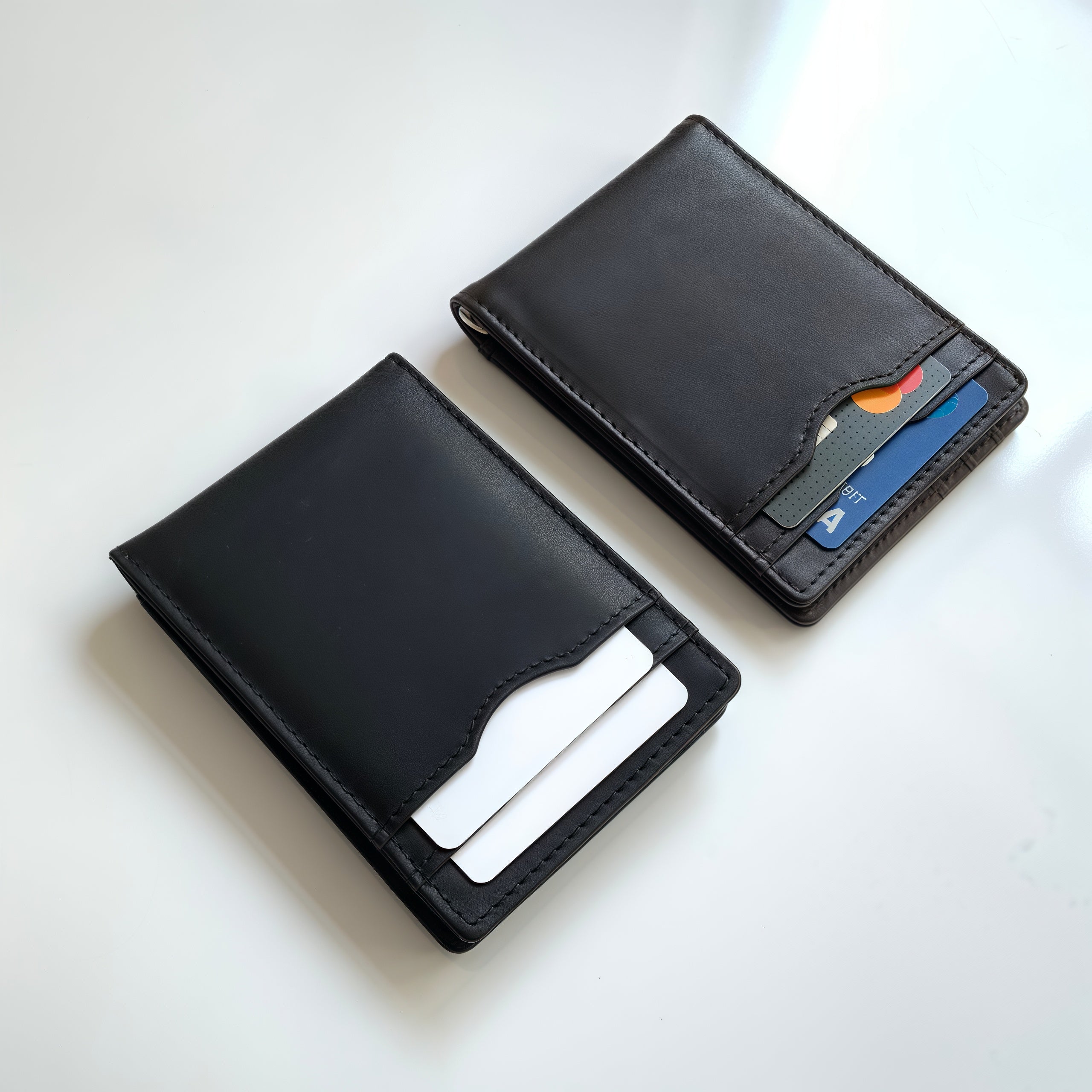 RFID bifold wallet with money clip in crazy horse leather, front view – WALLETERAS