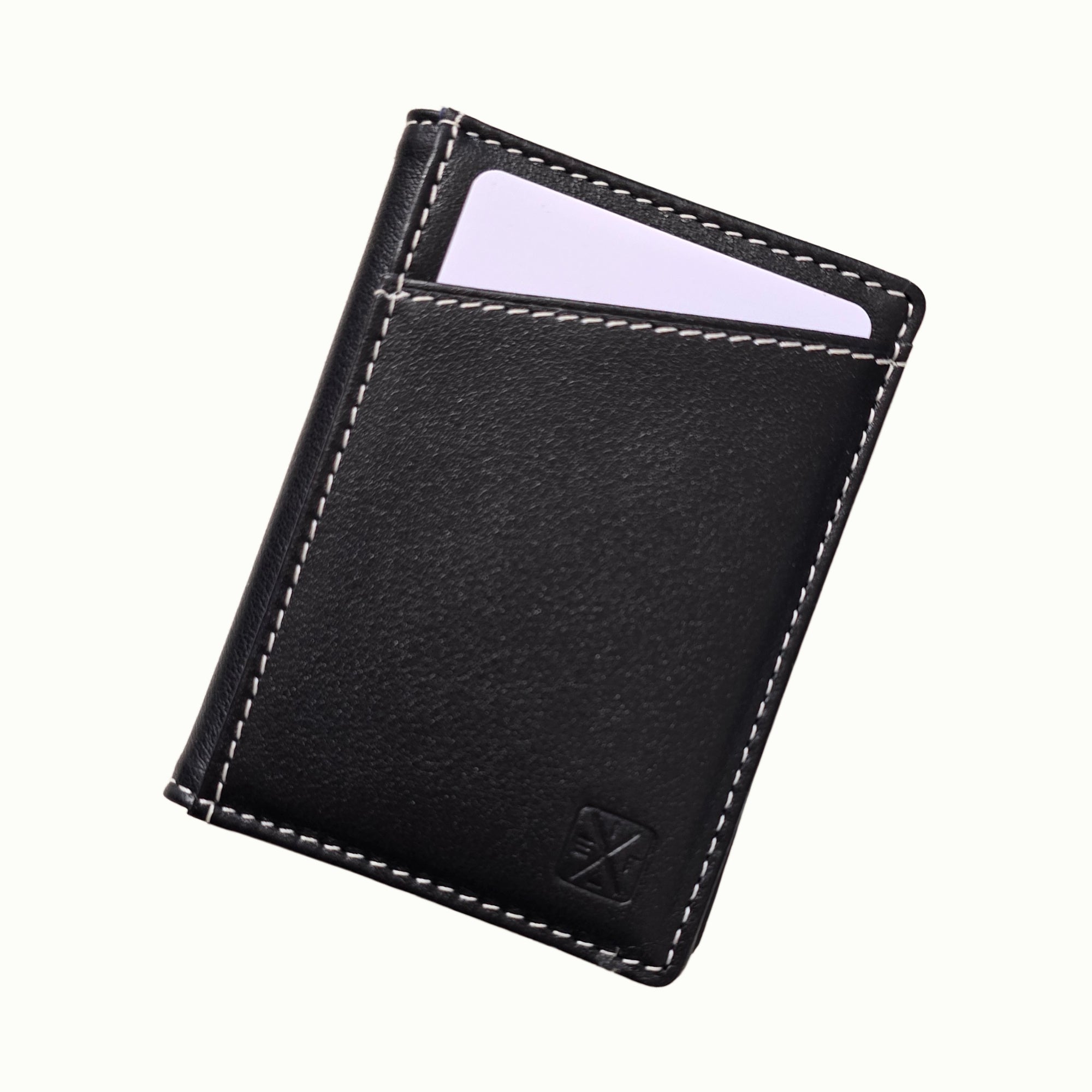 A black leather card holder wallet with white contrast stitching and a small embossed logo, shown on a plain off-white background.