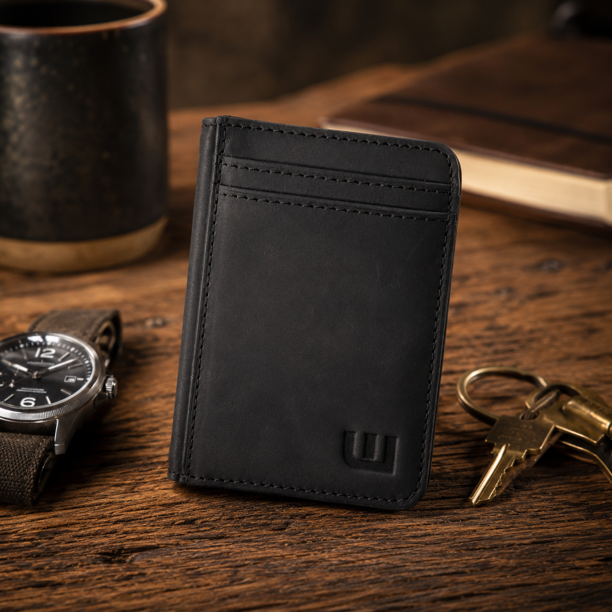 A black leather card holder wallet standing upright on a rustic wooden table, styled with a watch, keys, and a dark mug in the background.