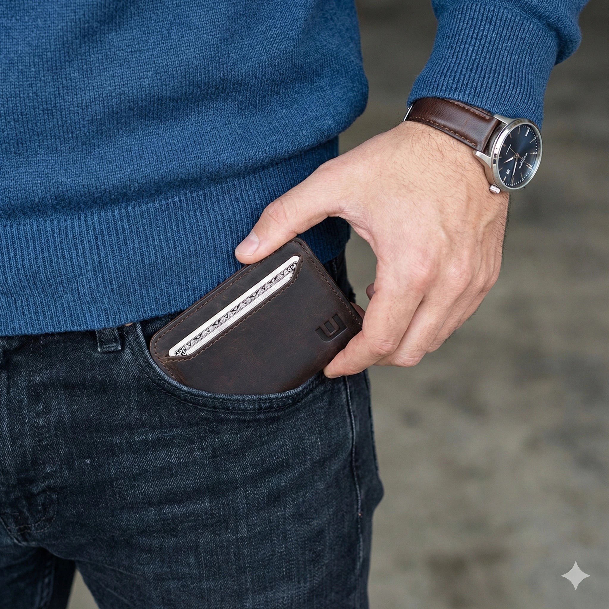 Brown leather wallet being tucked into jeans front pocket