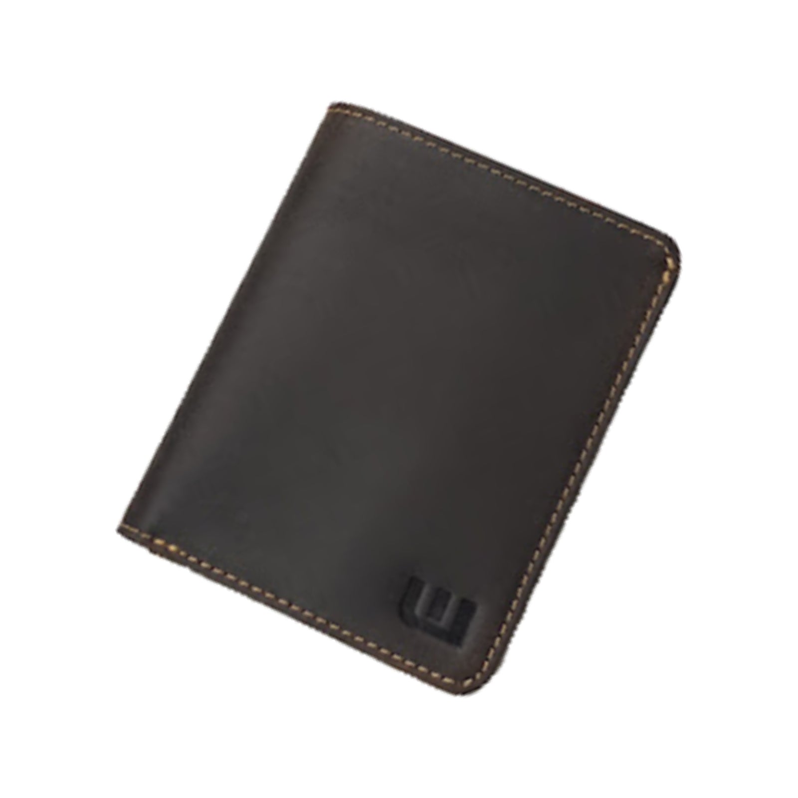A dark brown leather bifold wallet with light brown contrast stitching and a debossed logo on the lower right, shown on a plain white background.