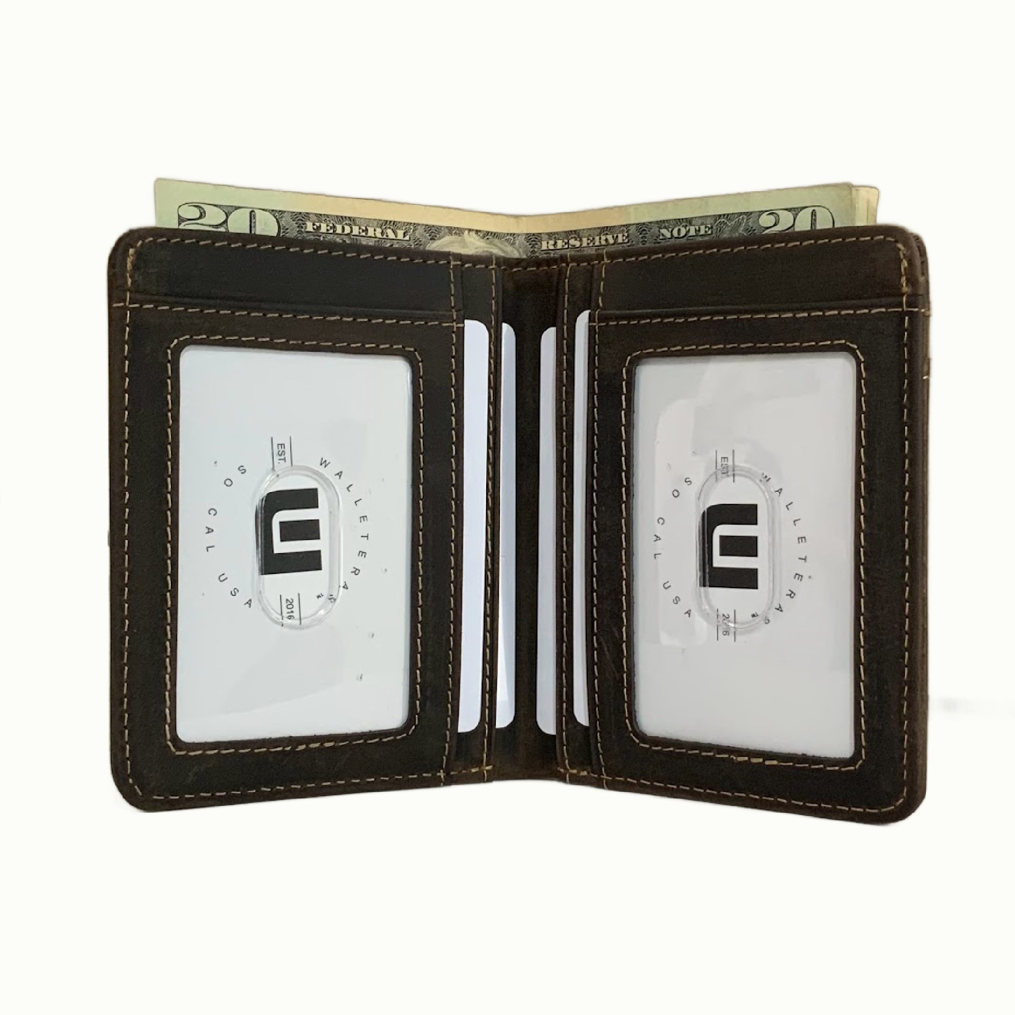 A dark brown leather bi-fold wallet shown open, containing two white ID windows with a black logo, several card slots, and a 20 dollar bill tucked at the top, set against a plain white background.