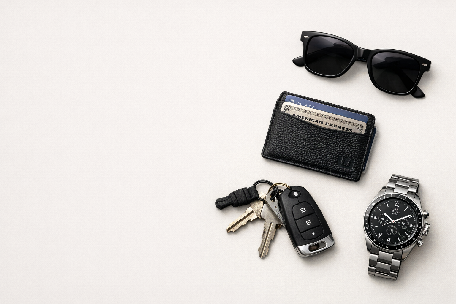 a minimalist wallet next to glasses, key and a watch,