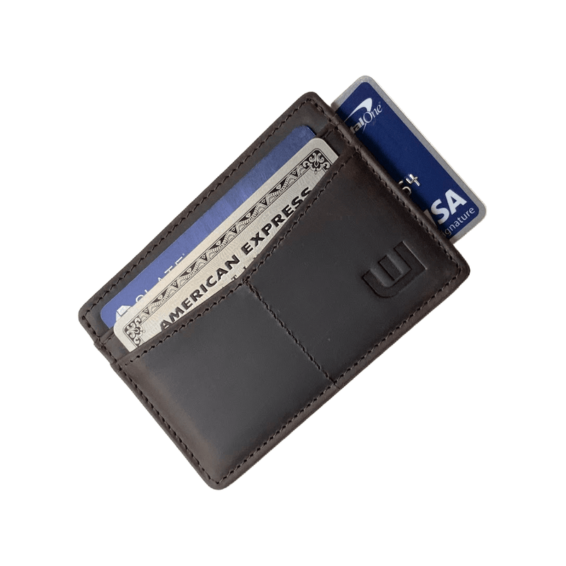 RFID Minimalist Front Pocket Wallet / Credit Card Holder with ID Window - Espresso "M" Credit Card Holder WALLETERAS Coffee Crazy Horse Leather M