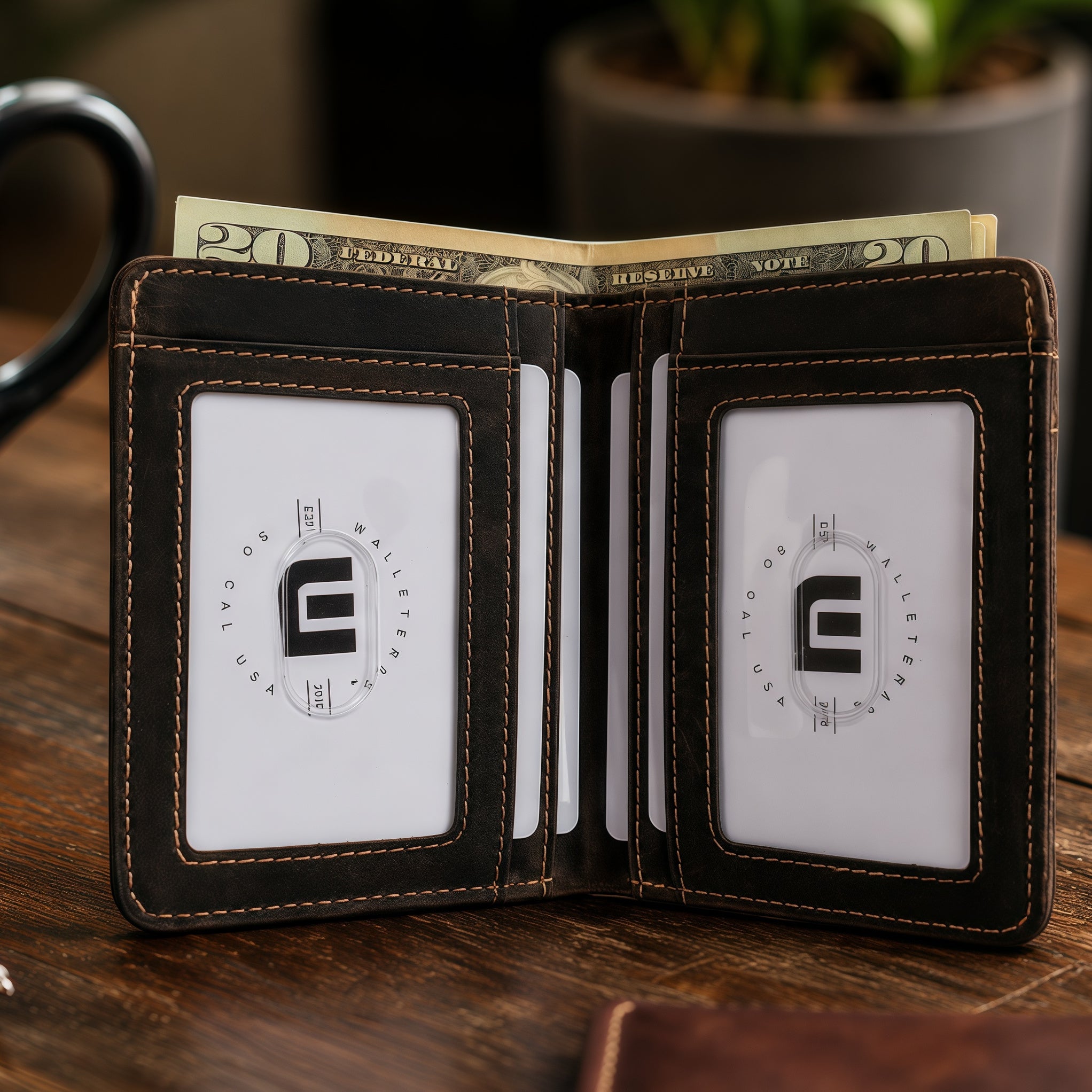 A dark brown leather bi-fold wallet shown open on a wooden table, with U.S.