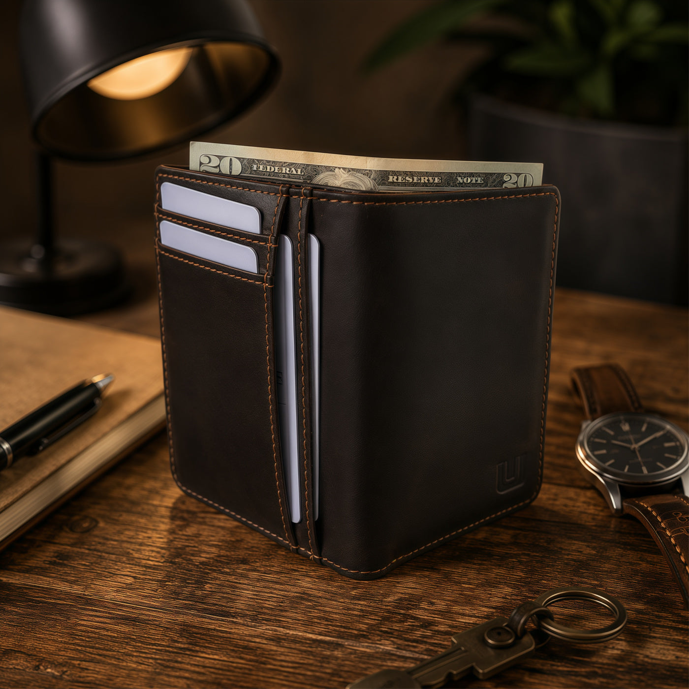 A dark brown leather bi-fold wallet standing open on a wooden desk, holding cash and cards, with a lamp, notebook, watch, and keys in a styled indoor setting.