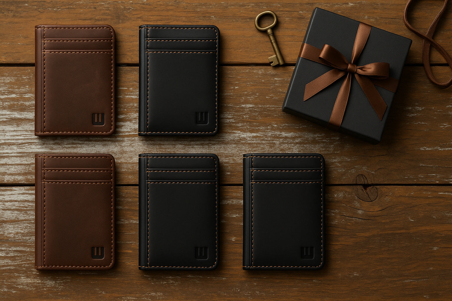 leather wallets on a table next to a gift box