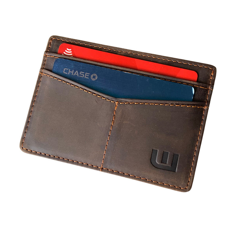 RFID Minimalist Front Pocket Wallet / Credit Card Holder with ID Window - Espresso "M" Credit Card Holder WALLETERAS Coffee Crazy Horse Leather M2
