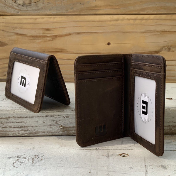 Front Pocket Wallet with RFID in Crazy Horse Leather - Double Espresso 'T2" RFID BiFold Front Pocket Wallet WALLETERAS 